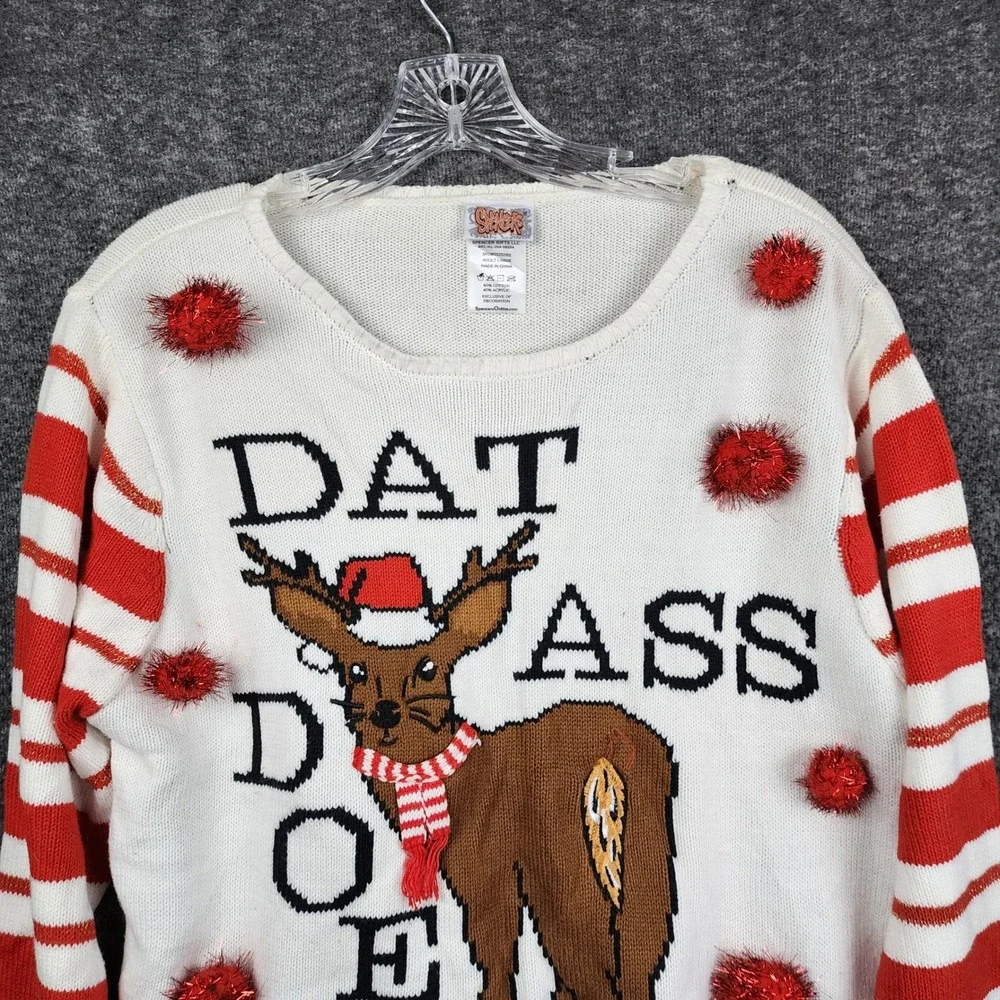Spencer's Ugly Christmas Sweater Women Large White Dat Ass Doe Reindeer Pom Poms